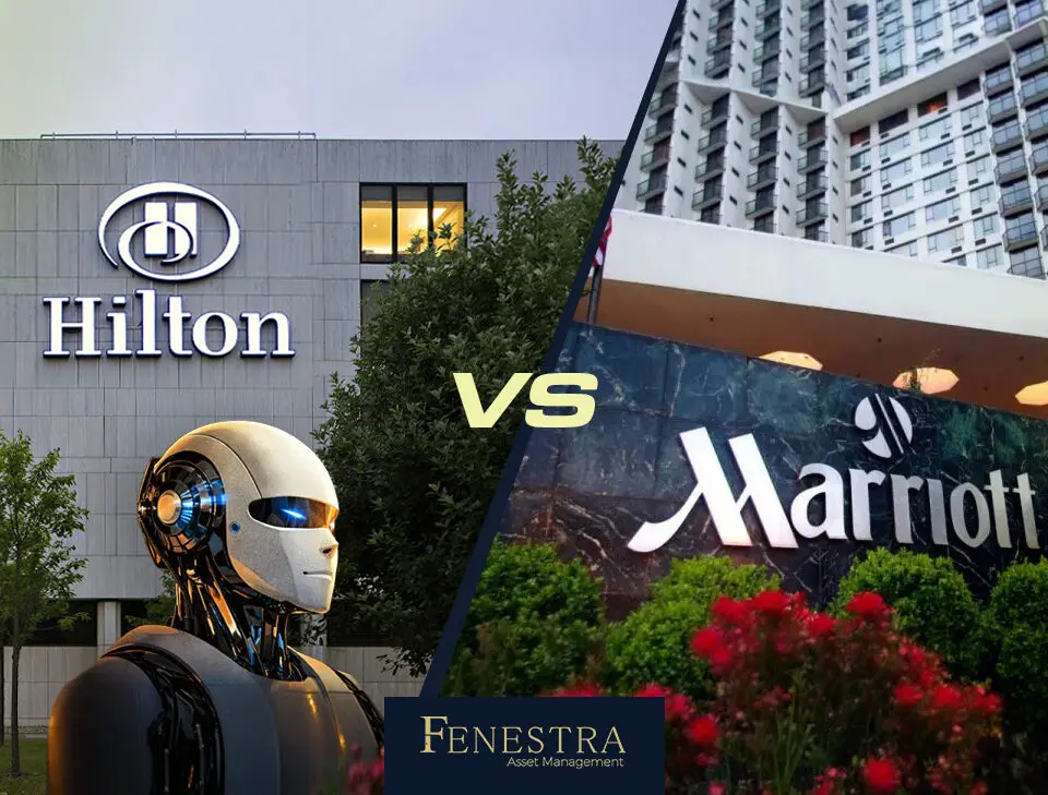 Split-screen featured image comparing Marriott and Hilton in 2026, with hotel exteriors, “Marriott vs Hilton 2026” headline, and icons for AI pricing, asset-light model, loyalty, and growth.