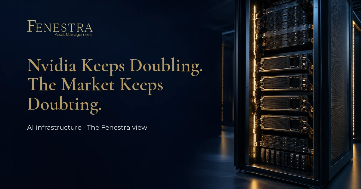 Editorial illustration of an AI server rack with the headline “Nvidia Keeps Doubling. The Market Keeps Doubting.” and Fenestra branding.